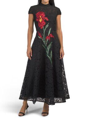 RENE BY RENE RUIZ Cap Sleeve Lace Dress With Embroidered Floral Details
